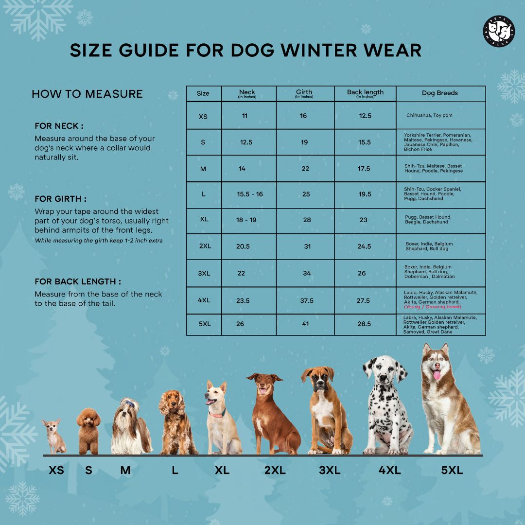 Size Guide For Dog Winter Wear Petsway