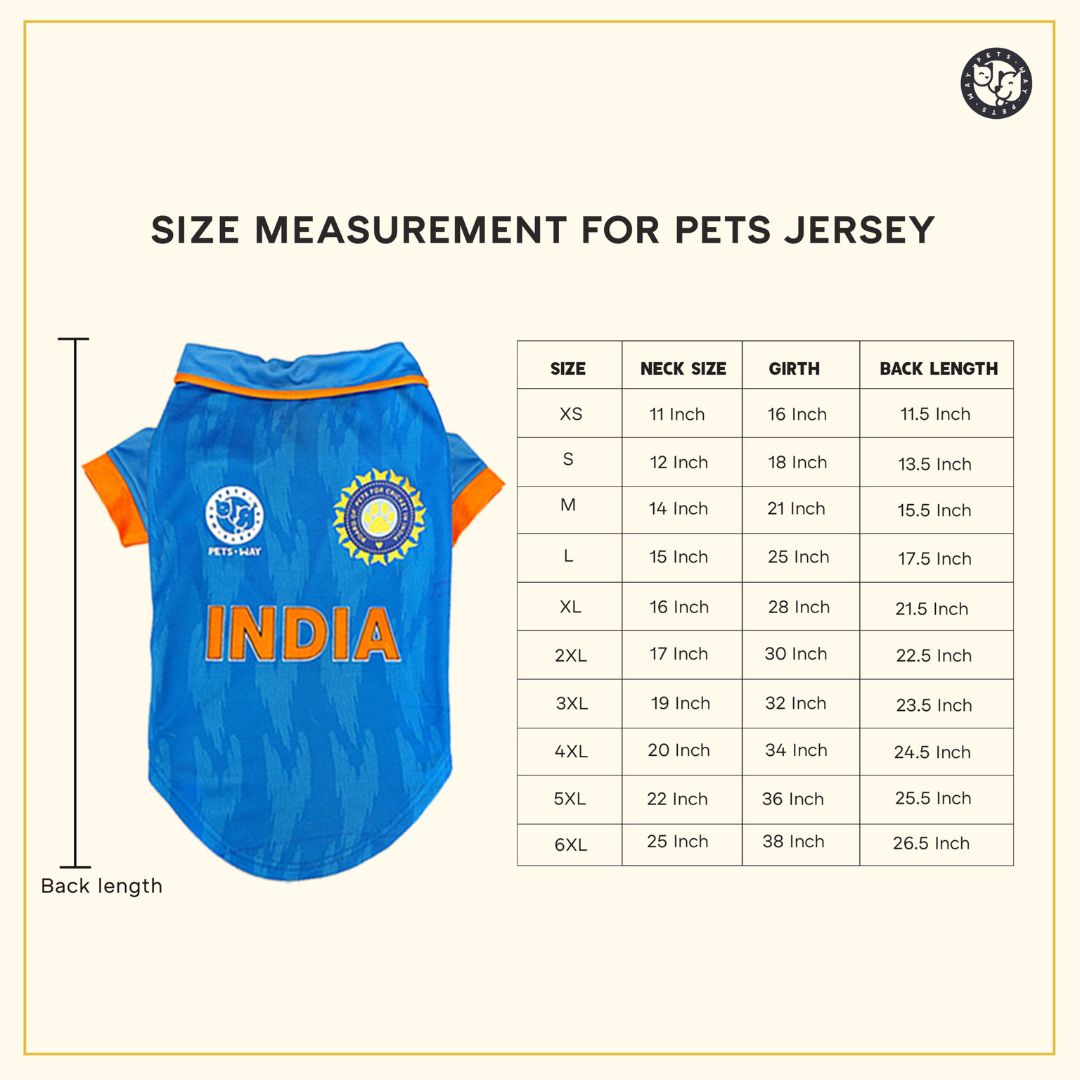 size  chart of  India Cricket Dog Jersey-petsway