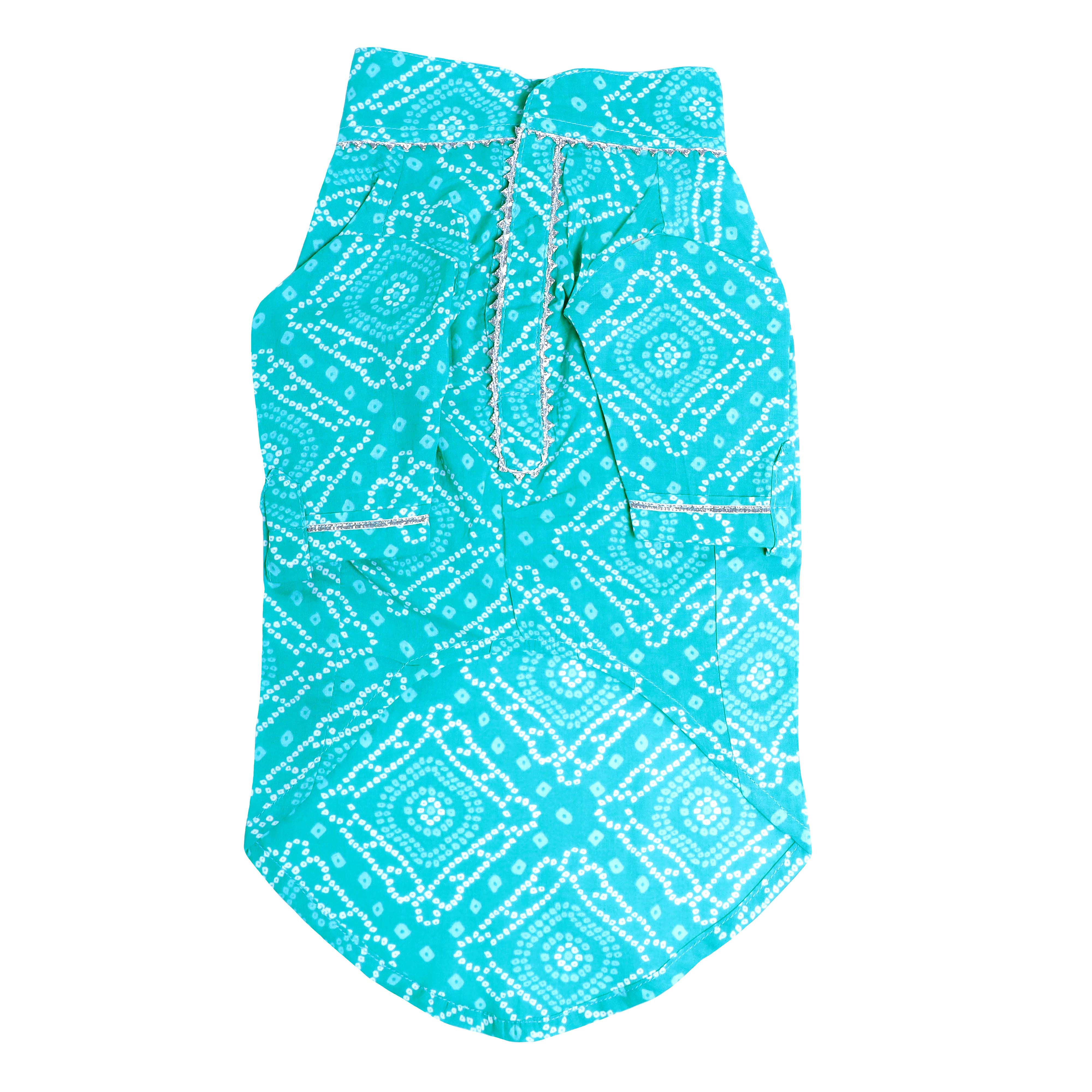blue dog dress with white geometric pattern on a white background