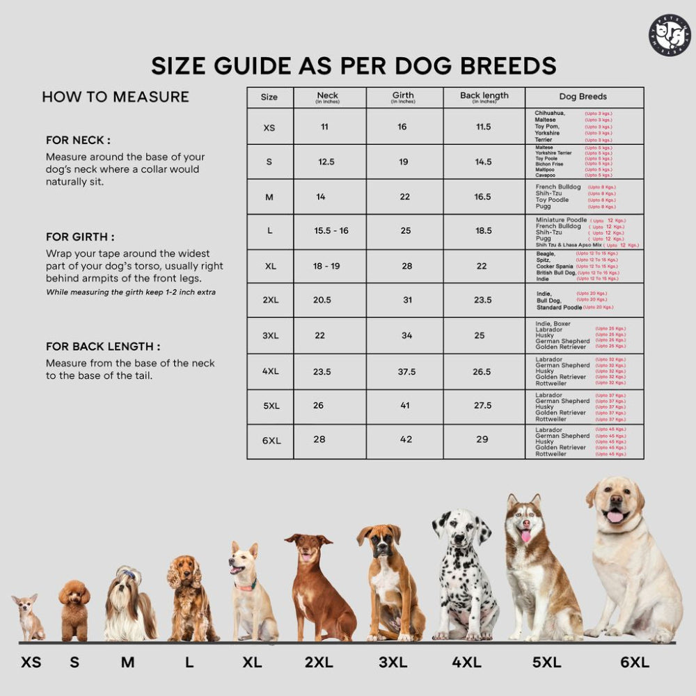 A size guide chart for dog collars showing measurements by breed size (XS to 6XL) for neck, girth, and back length, with illustrated and real dog photos along the bottom on a light gray background.