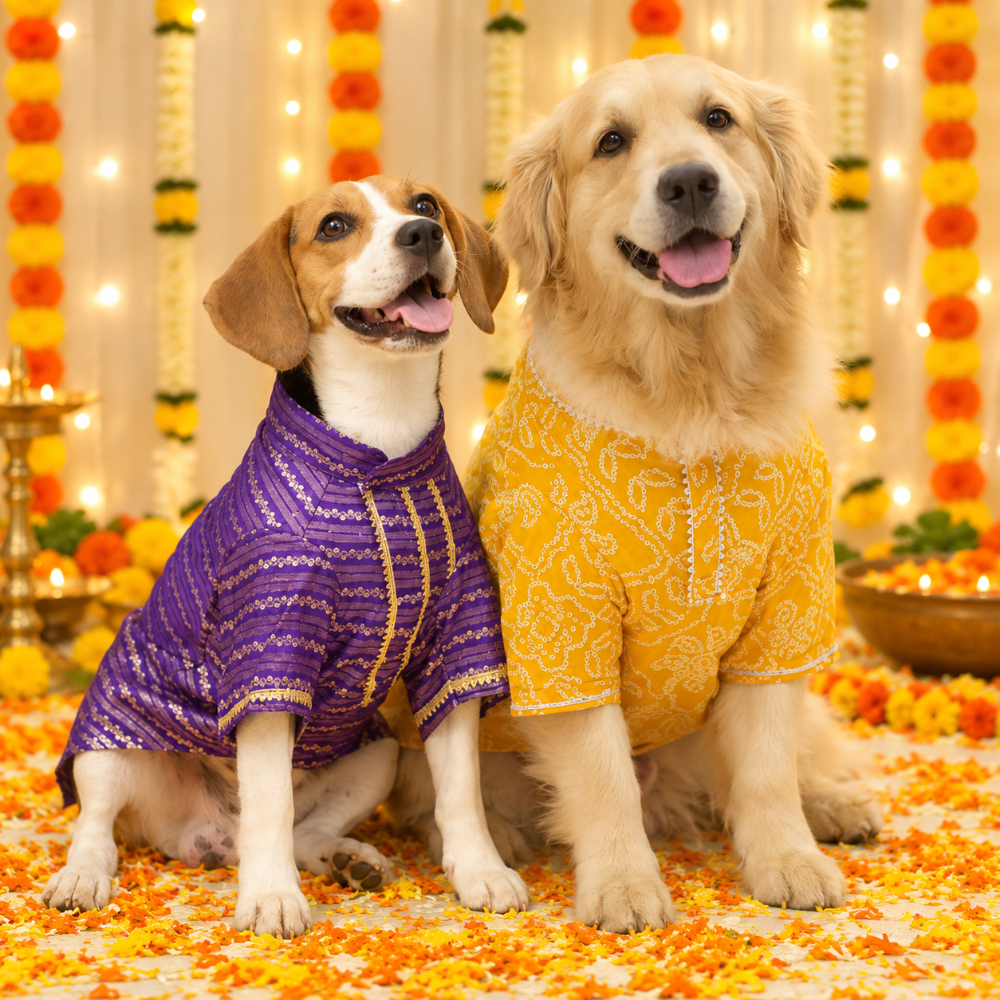 Dog Kurta Combo worn by two Dogs, this Dog festive wear includes lehar purple and bandhani yellow