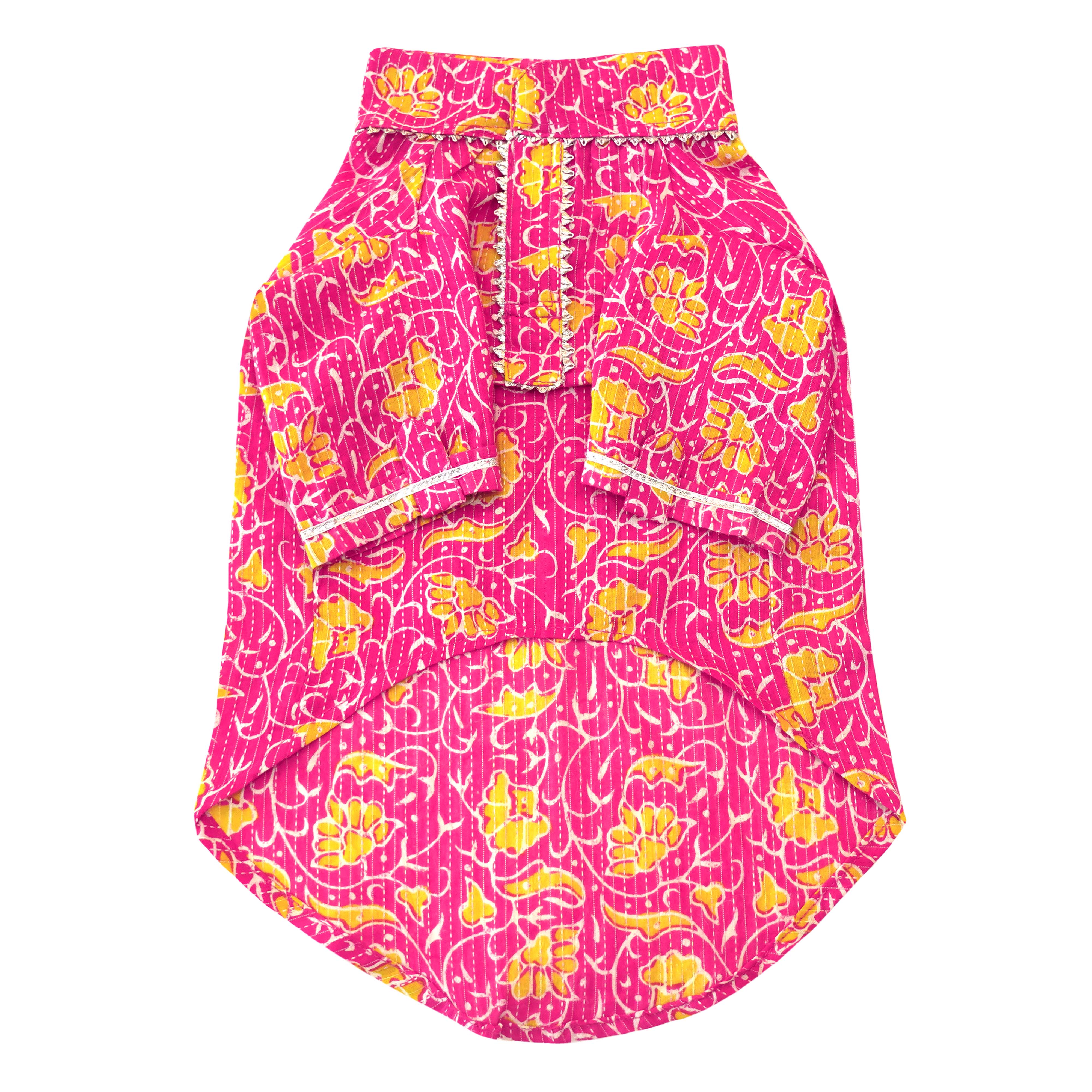 Floral Kantha - Fuchsia Dog kurta