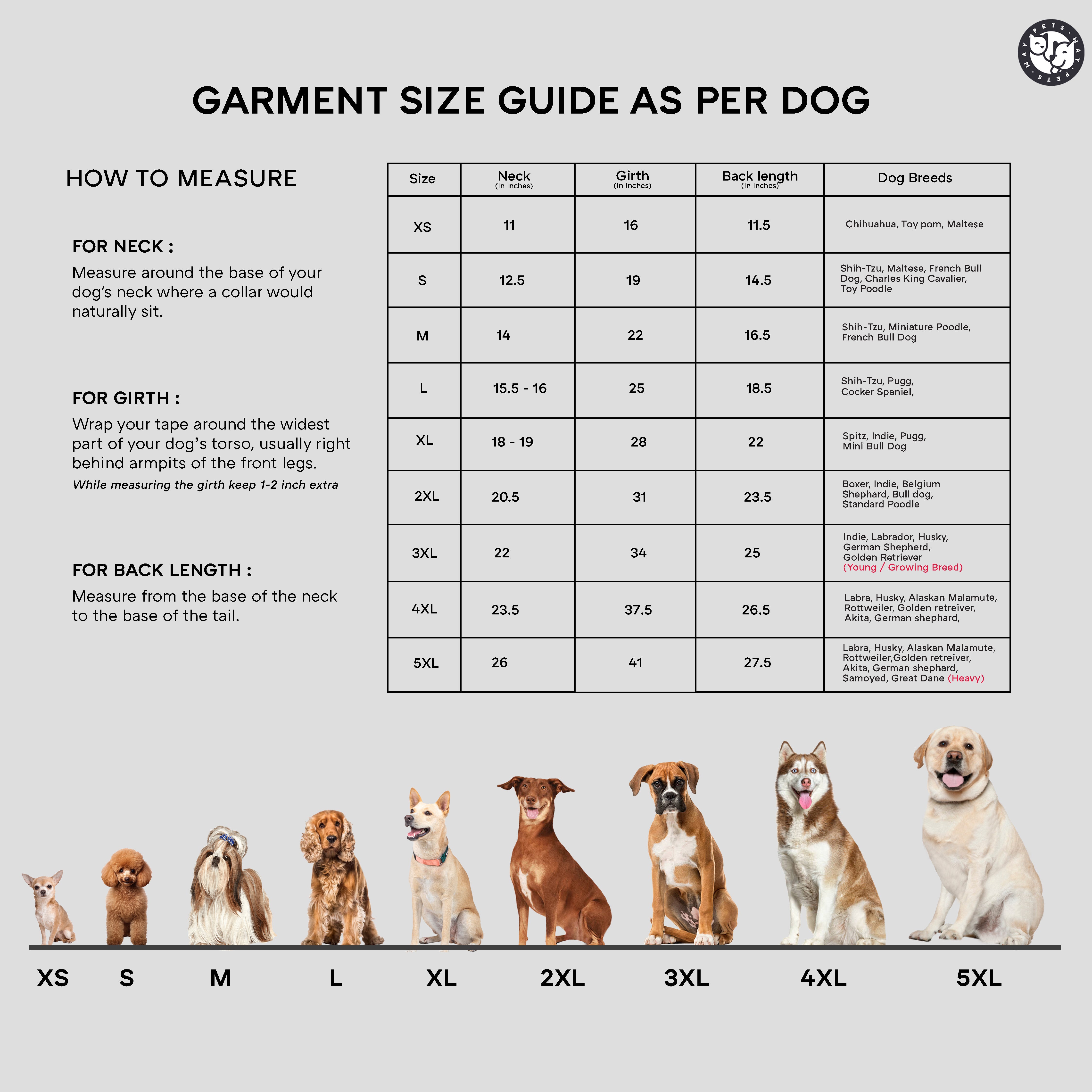 Size chart of fly high dog vest petsway